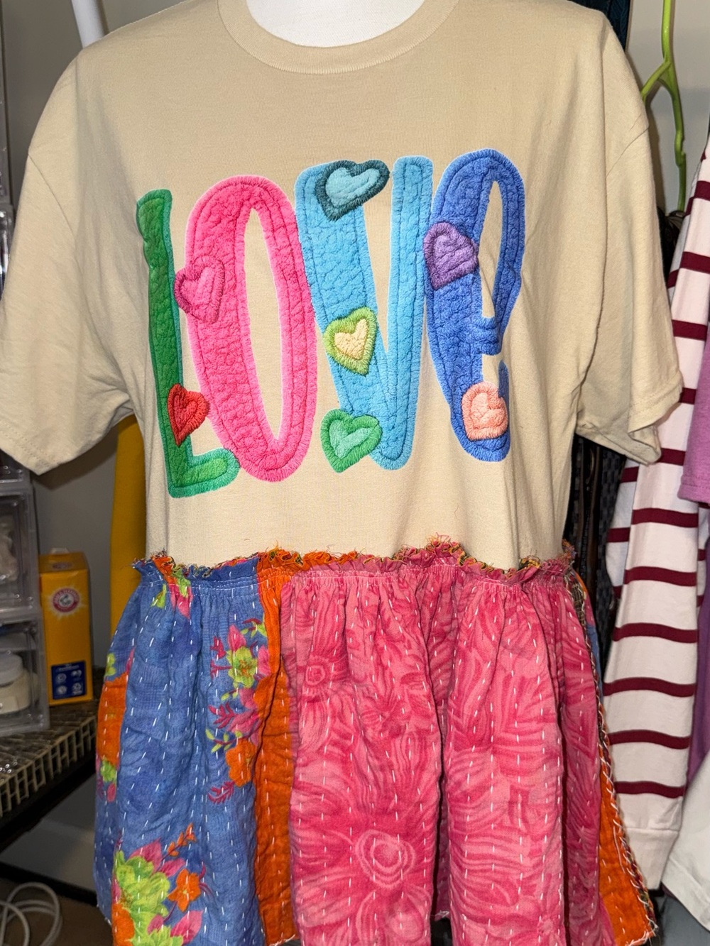 Beige LOVE Graphic Babydoll Shirt with Kantha Pink & Blue Paneling